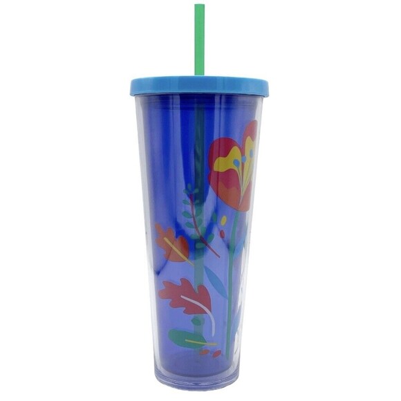 Starbucks Floral Poppy Flower Blue Venti Cold Cup Tumbler Acrylic 24oz W/ Straw - Picture 4 of 9